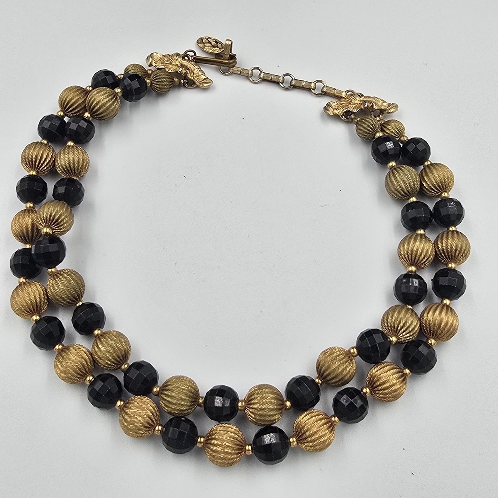 Vintage Black and Gold tone Bead Necklace Double Strand Faceted Classic Dressy - Picture 6 of 9